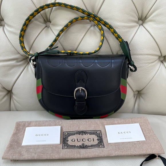 New Gucci Crossbody Embossed Black Leather Braided Yellow Bag Logo - Picture 4 of 11